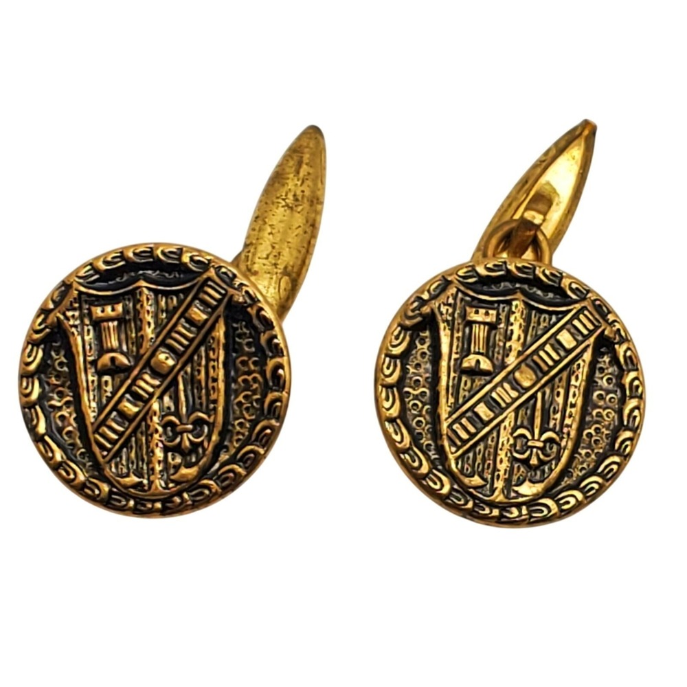 Shield Cufflinks Coat of Arms Gold Tone Antique Round Button Style Vtg Accessory